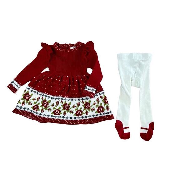 Max Studio Baby Christmas Holiday Rose Knit Dress with Matching Tights sz 3-6 mo - Picture 1 of 12